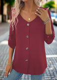 Button Long Sleeve Scoop Neck Blouse