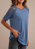 Lace Round Neck Floral Casual T Shirt