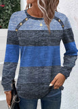 Blue Button Striped Long Sleeve Round Neck T Shirt