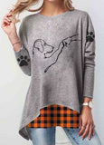 Dog Plaid Long Sleeve Pullover Print T-shirt