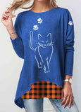 Cat Plaid Long Sleeve Pullover Print T-shirt