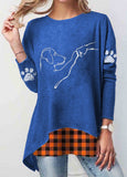 Dog Plaid Long Sleeve Pullover Print T-shirt