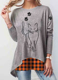 Cat Plaid Long Sleeve Pullover Print T-shirt