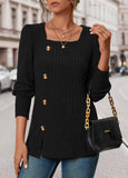 Black Button Long Sleeve Square Neck T Shirt