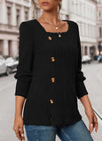 Black Button Long Sleeve Square Neck T Shirt