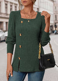 Green Button Long Sleeve Square Neck T Shirt