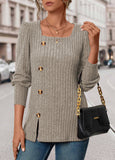 Khaki  Button Long Sleeve Square Neck T Shirt