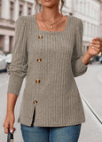 Khaki  Button Long Sleeve Square Neck T Shirt