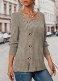 Khaki  Button Long Sleeve Square Neck T Shirt