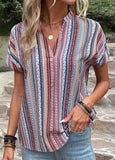 Button Striped Short Sleeve Blouse