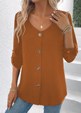 Button Long Sleeve Scoop Neck Blouse