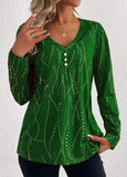 Green Button Geometric Print Long Sleeve T Shirt