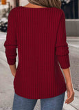 Wine Red Embroidery Long Sleeve Round Neck T Shirt