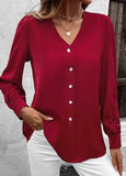 Wine Red Embroidery Long Sleeve V Neck Blouse