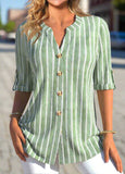 Button Striped   Split Neck Blouse