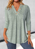 Sage Green Button Long Sleeve V Neck T Shirt