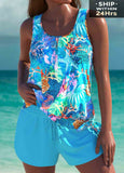 Bowknot Tie Cyan Marine Life Print Tankini Set