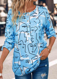 Button Graffiti Print Sky Blue Round Neck Blouse