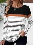 Patchwork Striped Long Sleeve Round Neck T Shirt