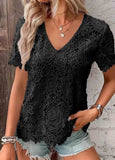 Lace Short Sleeve V Neck T Shirt