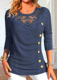 Eyelet Casual Buttoned Lace Plain T-Shirt