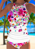 Elegant Floral Print Sleeveless Tankini Set