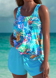 Bowknot Tie Cyan Marine Life Print Tankini Set