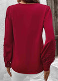 Wine Red Embroidery Long Sleeve V Neck Blouse