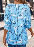 Button Graffiti Print Sky Blue Round Neck Blouse