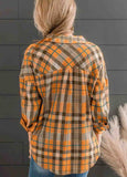 Orange Drop Shoulder Rounded Hem Plaid Pattern Shirt