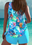 Bowknot Tie Cyan Marine Life Print Tankini Set