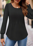 Crew Neck Pleated Casual Tunic Blouses