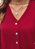 Wine Red Embroidery Long Sleeve V Neck Blouse