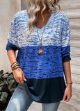 Tummy Coverage Patchwork Moire Print Blue V Neck T Shirt