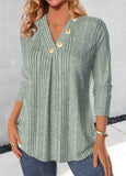 Sage Green Button Long Sleeve V Neck T Shirt