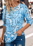 Button Graffiti Print Sky Blue Round Neck Blouse