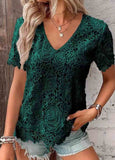 Lace Short Sleeve V Neck T Shirt