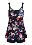 Circular Ring Floral  Print  Black Tankini Set