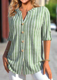 Button Striped   Split Neck Blouse