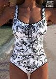 Drawstring Random Floral Print Black One Piece Swimwear