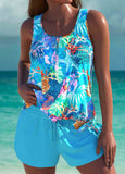 Bowknot Tie Cyan Marine Life Print Tankini Set