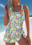 Tummy Coverage  Tie Floral Print   One Piece Swimdress