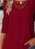 Wine Red Embroidery Long Sleeve Round Neck T Shirt