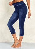 Denim Blue Print  High Waisted Capri Elastic Waist