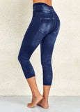 Denim Blue Print  High Waisted Capri Elastic Waist