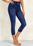 Denim Blue Print  High Waisted Capri Elastic Waist