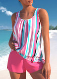 Hot Pink Bowknot Multi Stripe Print Tankini Set