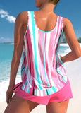 Hot Pink Bowknot Multi Stripe Print Tankini Set