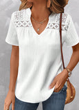 White Lace Short Sleeve Split Neck Blouse