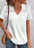 White Lace Short Sleeve Split Neck Blouse